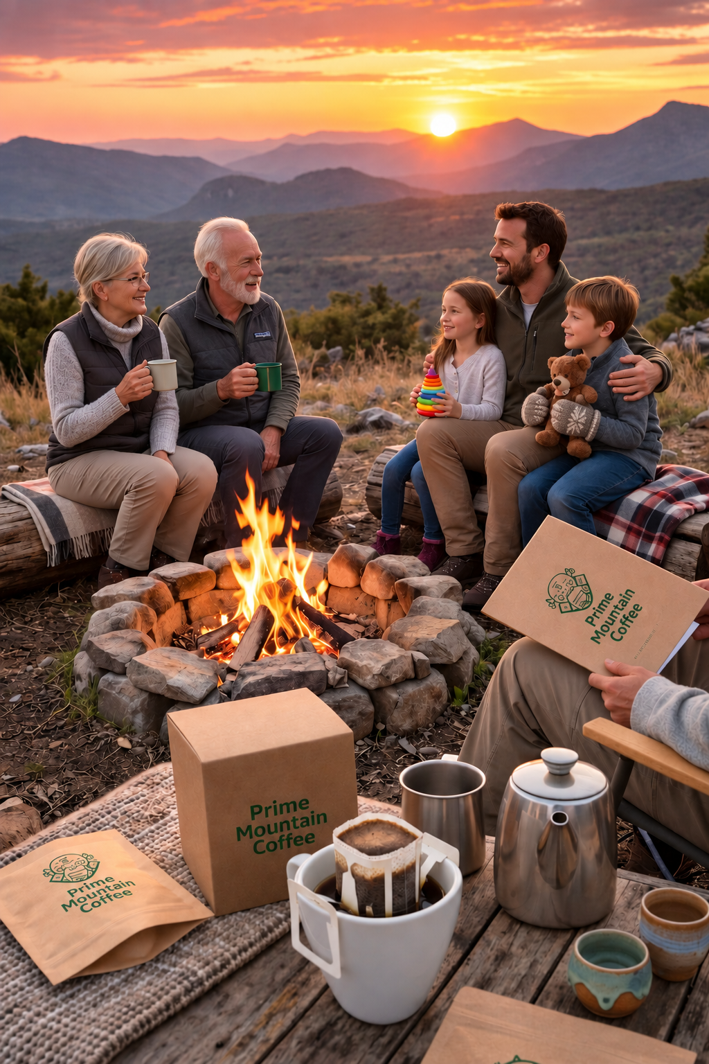 Family enjoying Prime Mountain Coffee around a campfire at sunset